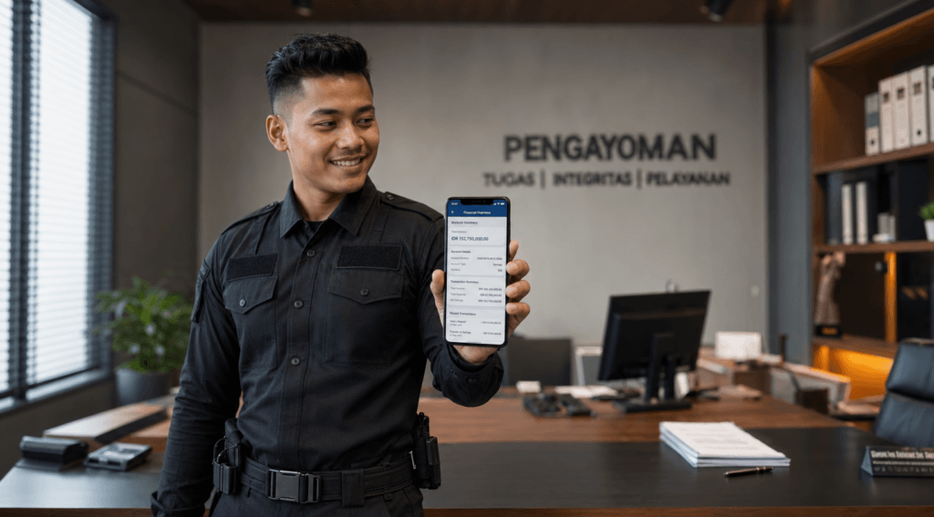 Foto penjaga tahanan muda tersenyum mengecek rincian penghasilan abdi negara melalui ponsel pintar di ruang kerja administrasi,