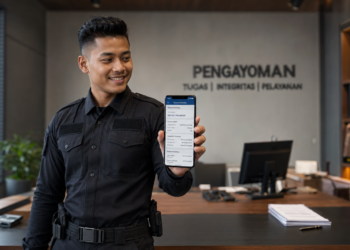 Foto penjaga tahanan muda tersenyum mengecek rincian penghasilan abdi negara melalui ponsel pintar di ruang kerja administrasi,