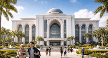 Foto gedung sekolah tinggi swasta Kota Medan megah memancarkan aura sukses penuntut ilmu.