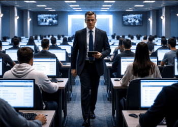 Suasana pengawasan ketat dalam pelaksanaan ujian berbasis komputer untuk menjaga integritas.