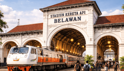 Arsitektur megah Stasiun Kereta Api Belawan yang menjadi saksi bisu perkembangan transportasi di Sumatera Utara.