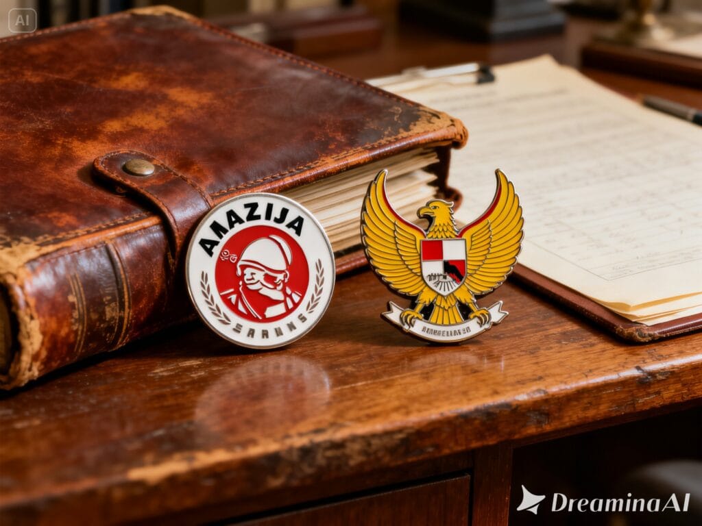 Ilustrasi simbolis hubungan historis dan administratif antara Ajax Amsterdam dan Indonesia.