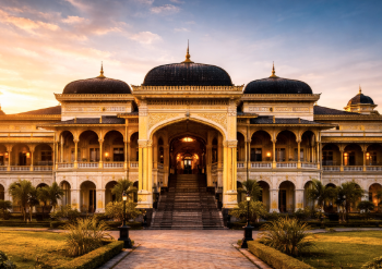 Tampilan eksterior Istana Maimun yang mempesona dengan warna kuning khas Melayu.