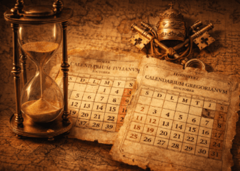 Ilustrasi detail mengenai Sejarah Kalender Julian dan Gregorian yang menjelaskan transisi waktu pada abad ke-16 bagi masyarakat Eropa.