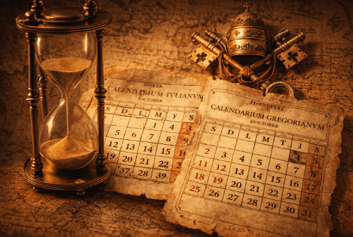 Ilustrasi detail mengenai Sejarah Kalender Julian dan Gregorian yang menjelaskan transisi waktu pada abad ke-16 bagi masyarakat Eropa.