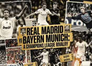Kolase momen bersejarah Real Madrid vs Bayern Munchen yang menggambarkan rivalitas sengit mereka di kancah Liga Champions.