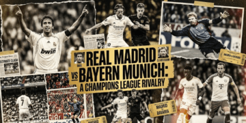 Kolase momen bersejarah Real Madrid vs Bayern Munchen yang menggambarkan rivalitas sengit mereka di kancah Liga Champions.