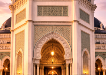 Detail ornamen pada gerbang utama dalam sejarah Masjid Raya Al-Mashun yang mencerminkan kemegahan gaya Maroko.