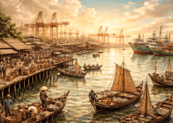 Infografis sejarah Pelabuhan Belawan yang menggambarkan transformasi dari dermaga kayu ke fasilitas modern.