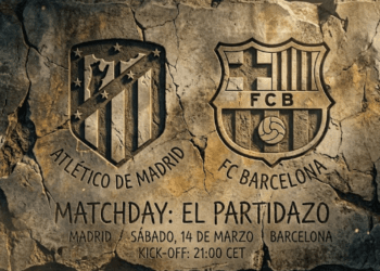 Poster desain retro yang menggambarkan sejarah rivalitas Atlético vs Barcelona sebagai salah satu duel paling klasik di kancah sepak bola Spanyol.