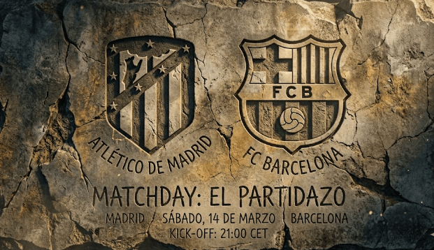 Poster desain retro yang menggambarkan sejarah rivalitas Atlético vs Barcelona sebagai salah satu duel paling klasik di kancah sepak bola Spanyol.