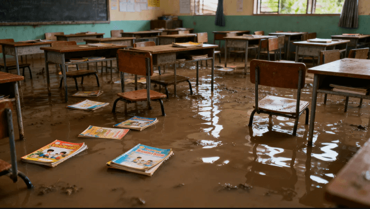 Ruang kelas yang rusak parah akibat fenomena Sekolah Banjir Demak 2026 di wilayah Kecamatan Guntur, Jawa Tengah