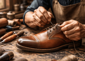 Detail pengerjaan tangan pada sepasang Sepatu Kulit Asli Medan yang menjamin kekuatan dan estetika produk.