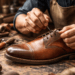 Detail pengerjaan tangan pada sepasang Sepatu Kulit Asli Medan yang menjamin kekuatan dan estetika produk.