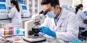 Petugas laboratorium sedang melakukan pengujian klinis guna menerbitkan Sertifikasi Mutu Ikan Belawan bagi produk ekspor.