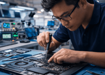 Proses pengerjaan teknis di pusat Service Laptop Medan guna mengembalikan performa perangkat kerja warga secara optimal dan cepat.