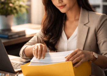 Infografis trik susun dokumen pemutusan kerja yang menampilkan pekerja menerapkan jurus siapkan syarat berkas PHK.