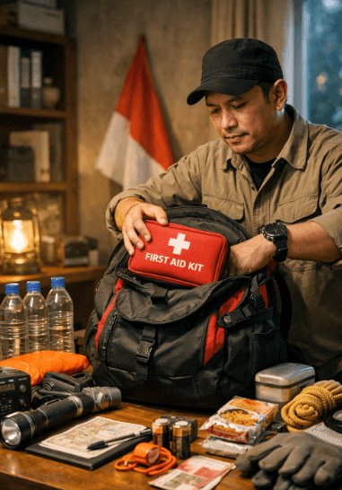 Infografis trik susun ransel darurat bumi yang menampilkan warga menerapkan jurus siapkan tas bencana alam.