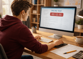 Visualisasi seorang peserta sedang mengerjakan simulasi tes bakat skolastik LPDP dengan penuh konsentrasi.