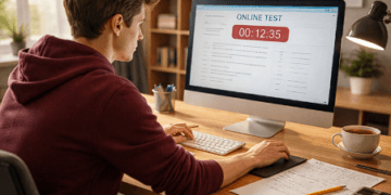 Visualisasi seorang peserta sedang mengerjakan simulasi tes bakat skolastik LPDP dengan penuh konsentrasi.