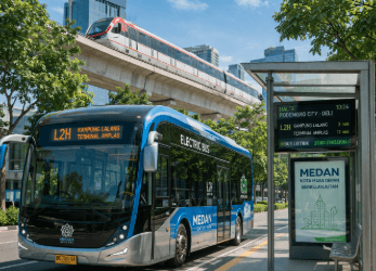 Visualisasi Sistem Mobilitas yang terintegrasi di pusat kota.