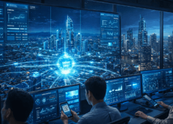 Petugas sedang memantau aliran daya melalui pusat kendali Smart Grid Medan guna menjaga stabilitas listrik di pusat kota.