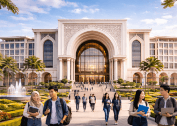 Foto gedung sekolah tinggi swasta Kota Medan megah memancarkan semangat belajar penuntut ilmu.