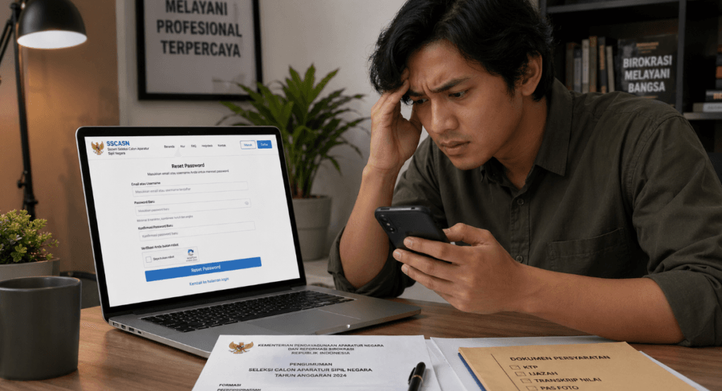 Foto pelamar muda merasa tegang saat berusaha memulihkan kata sandi akun portal seleksi aparatur sipil negara di depan layar komputer jinjing,