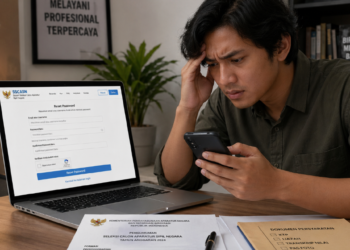 Foto pelamar muda merasa tegang saat berusaha memulihkan kata sandi akun portal seleksi aparatur sipil negara di depan layar komputer jinjing,