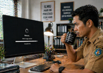 Foto guru muda tetap tenang mencari solusi teknis saat menghadapi kendala akses portal pendaftaran aparatur sipil negara,