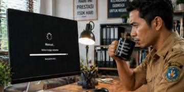 Foto guru muda tetap tenang mencari solusi teknis saat menghadapi kendala akses portal pendaftaran aparatur sipil negara,