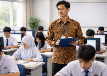 Penerapan SOP Pengawasan Ujian Sekolah oleh guru pengawas untuk memastikan suasana ujian yang kondusif.