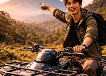 Wisatawan sedang mengabadikan momen di salah satu spot foto estetik di jalur ATV Berastagi.