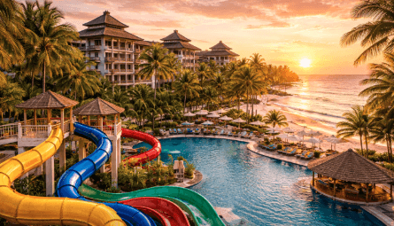 Keseruan wahana air dan penginapan mewah di Pantai Cermin Theme Park, destinasi pantai di Medan yang paling lengkap.