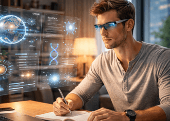 Seseorang menerapkan strategi belajar mandiri digital 2026 menggunakan kacamata pintar untuk memvisualisasikan materi pelajaran.