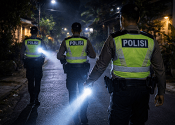 Personel Polda Sulut melakukan patroli malam untuk menjaga keamanan rumah yang ditinggal pengungsi.