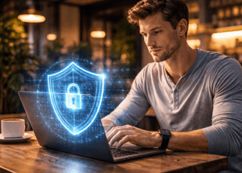 Seseorang menerapkan sistem keamanan siber remote 2026 saat bekerja di tempat umum untuk melindungi data perusahaan.