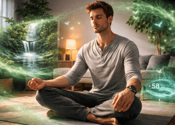 Seseorang menerapkan sistem kesehatan mental digital 2026 menggunakan bantuan visual AI untuk sesi meditasi yang mendalam.