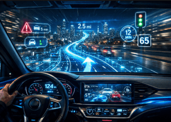 Implementasi sistem navigasi cerdas 2026 yang menggunakan teknologi Augmented Reality pada kaca depan mobil untuk memandu rute perjalanan.