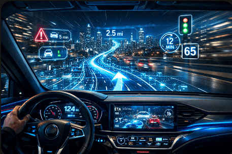 Implementasi sistem navigasi cerdas 2026 yang menggunakan teknologi Augmented Reality pada kaca depan mobil untuk memandu rute perjalanan.