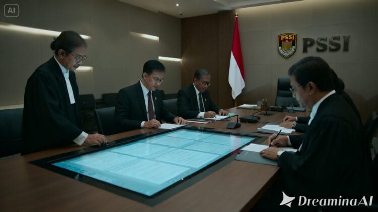 Ilustrasi tim hukum PSSI sedang menganalisis dokumen legalitas pemain.