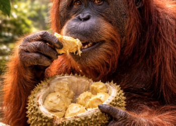 Seekor orangutan sedang mengonsumsi buah hutan sebagai sumber utama nutrisi dan pakan orangutan sehari-hari.