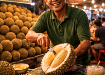 Penjual sedang membelah buah durian yang matang dan berdaging tebal di salah satu sudut Surga Durian Kota Medan yang legendaris.
