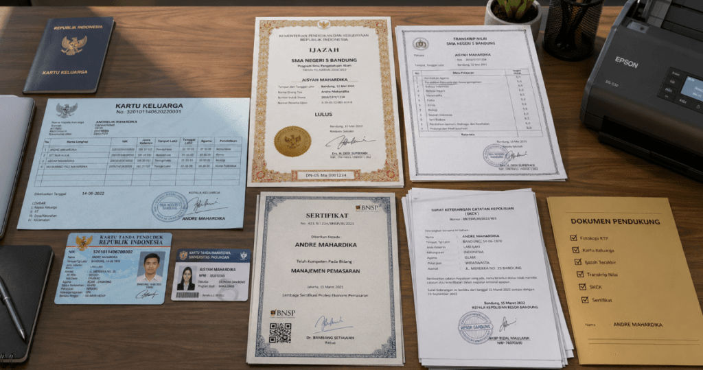 Foto susunan rapi dokumen resmi kependudukan dan pendidikan yang siap dipindai untuk keperluan unggah portal seleksi aparatur sipil negara,