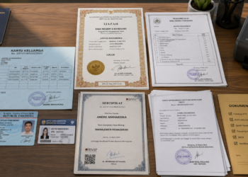 Foto susunan rapi dokumen resmi kependudukan dan pendidikan yang siap dipindai untuk keperluan unggah portal seleksi aparatur sipil negara,