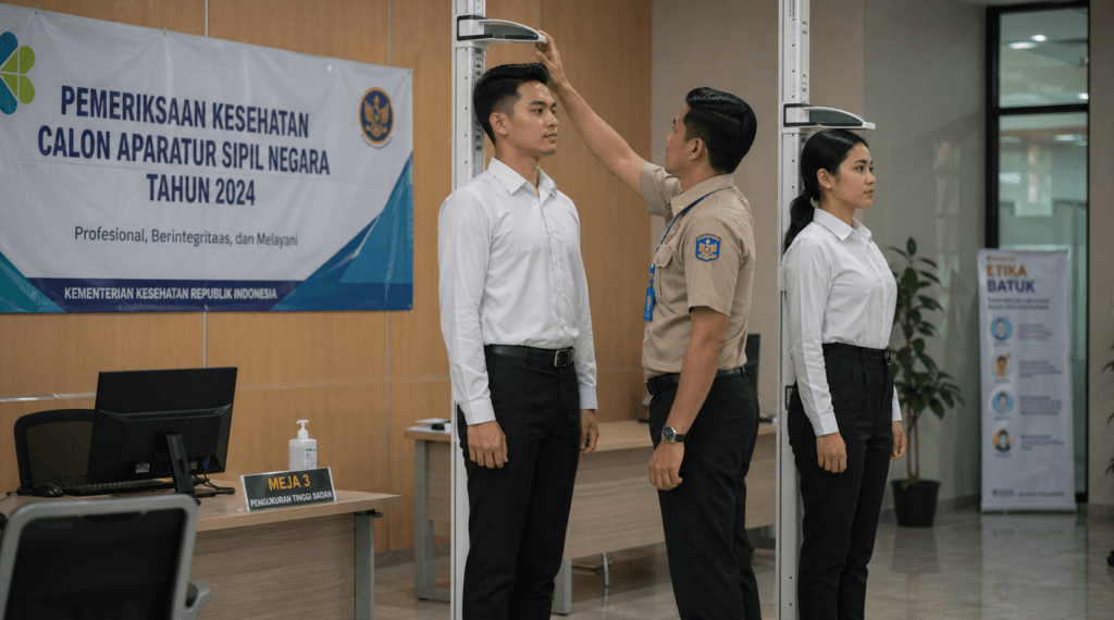 Foto pelamar abdi negara menjalani tes pengukuran tinggi badan resmi di fasilitas kesehatan pemerintah wilayah lokal,