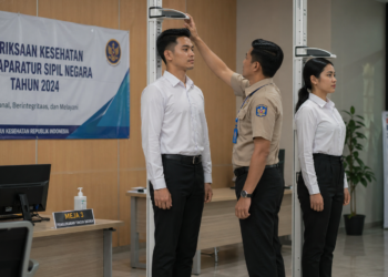 Foto pelamar abdi negara menjalani tes pengukuran tinggi badan resmi di fasilitas kesehatan pemerintah wilayah lokal,