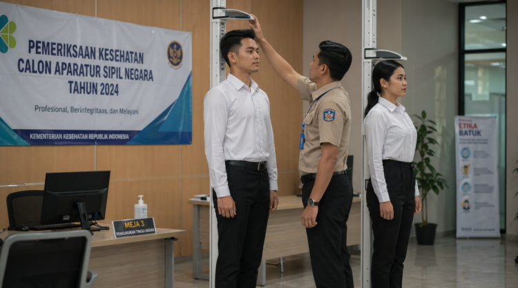 Foto pelamar abdi negara menjalani tes pengukuran tinggi badan resmi di fasilitas kesehatan pemerintah wilayah lokal,