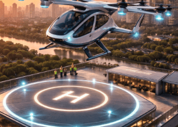 Uji coba operasional Taksi Udara Medan menggunakan unit eVTOL untuk rute cepat dari pusat kota menuju bandara.