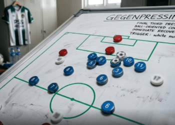 Diagram strategi dalam ulasan taktik high-pressing Hansi Flick yang menunjukkan posisi pemain menekan di area pertahanan lawan.